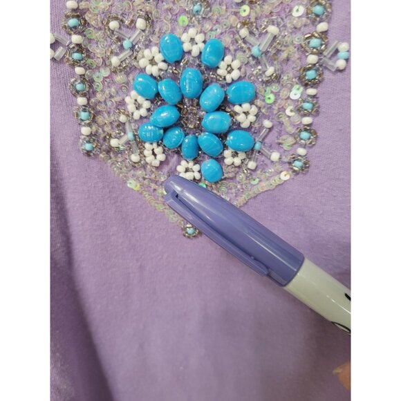 Quacker Factory Shirt Womens M Purple 3/4 Sleeve Beaded Sequin Knit Top Boho - Picture 8 of 15